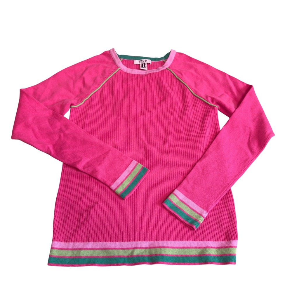 Vintage 80s IZOD Pullover Sweater Hot Pink Striped Cotton Knit Preppy PS Small